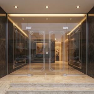 باب زجاج سيكوريت مزدوج لمدخل المباني – تصميم فاخر للمشاريع السكنية