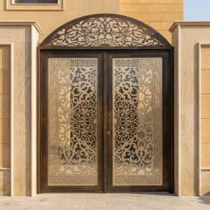 أبواب حديد مزخرفة ليزر للمداخل – تصميم فاخر للمشاريع السكنية والتجارية